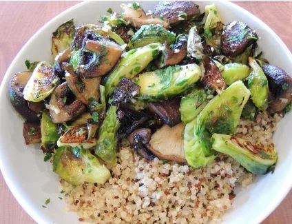 Roasted Brussels Sprouts and Mushrooms With Gremolata and Quinoa