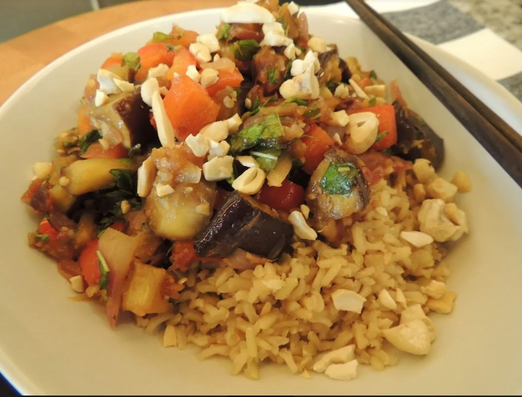 Spicy Basil Eggplant With Dates and Cashews