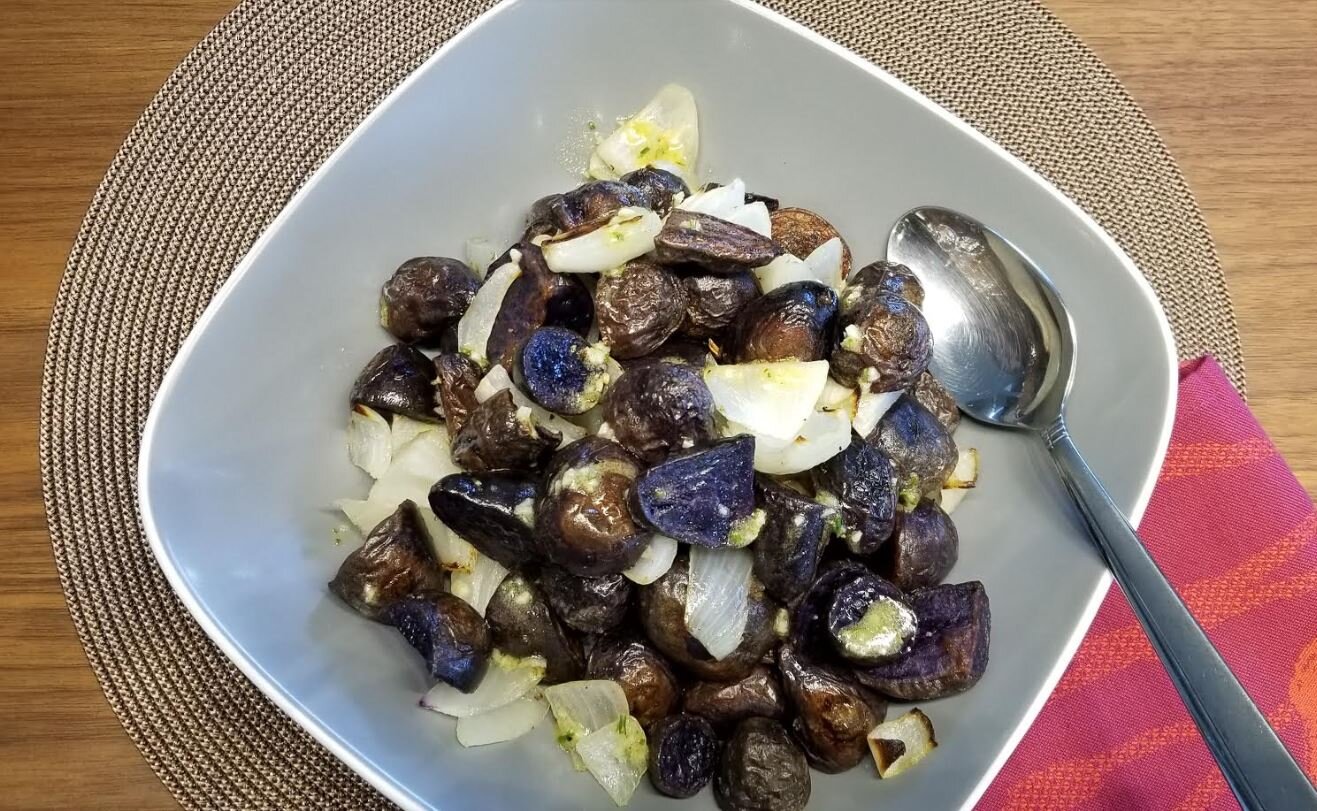 Roasted Purple Potatoes and Onion with Lemon, Dijon and Rosemary Dressing
