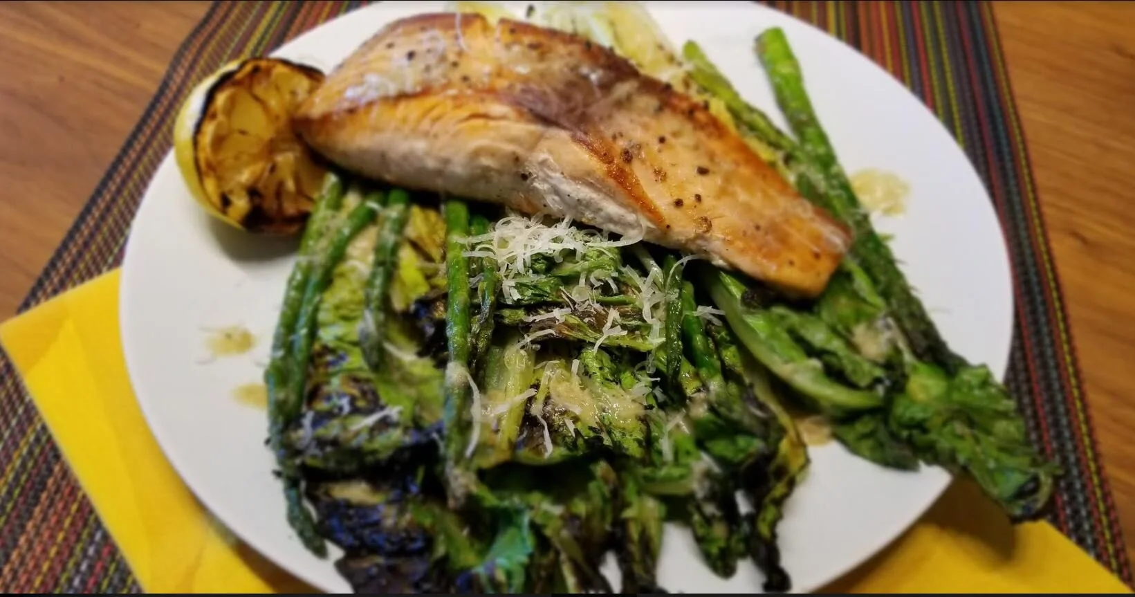 Grilled Caesar Salad with Asparagus and Grilled Salmon