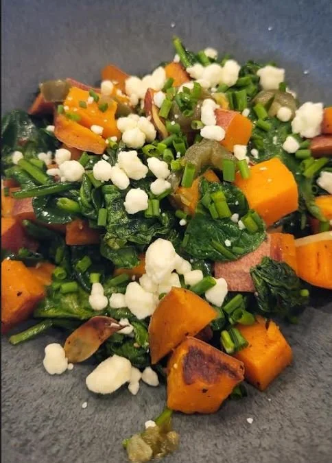 Roasted Sweet Potatoes and Spinach With Feta