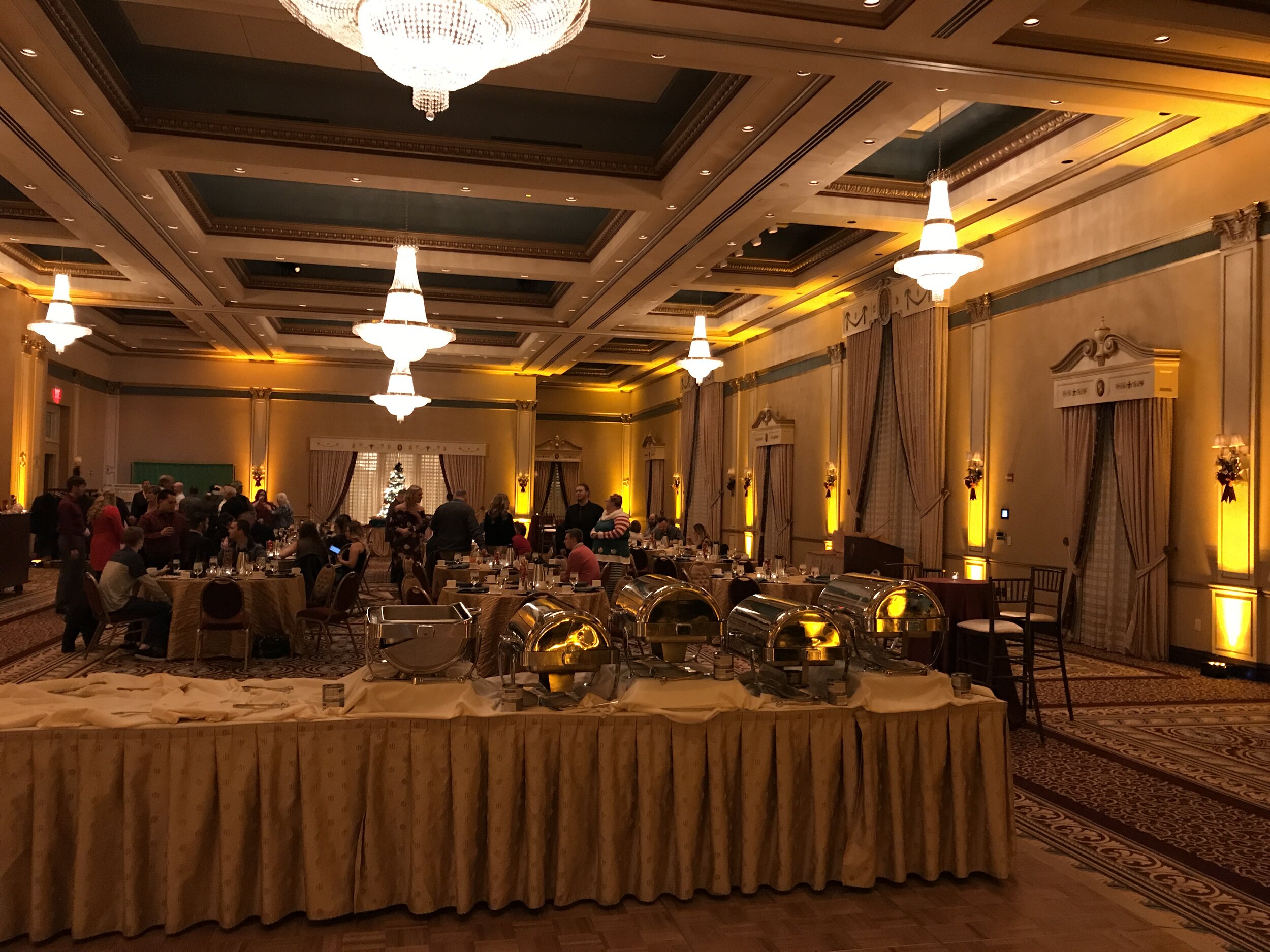 Golden yellow uplighting in Crystal Ballroom at Lerner Theatre in Elkhart