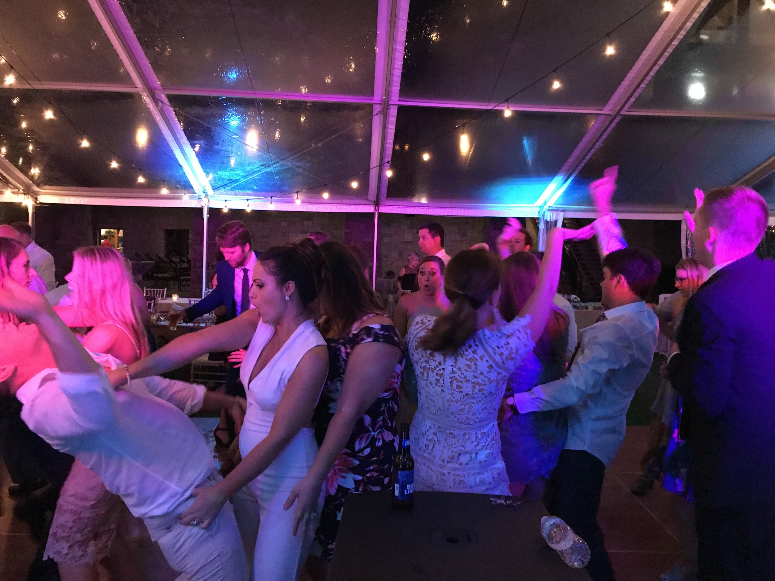 Wedding DJ dancing in a tent in Southwest MI