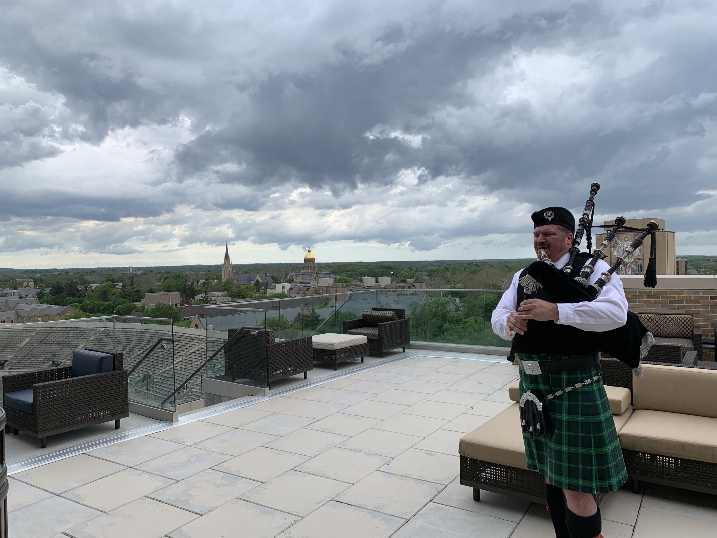 Bagpiper at Seven On Nine Notre Dame Stadium with Golden Dome