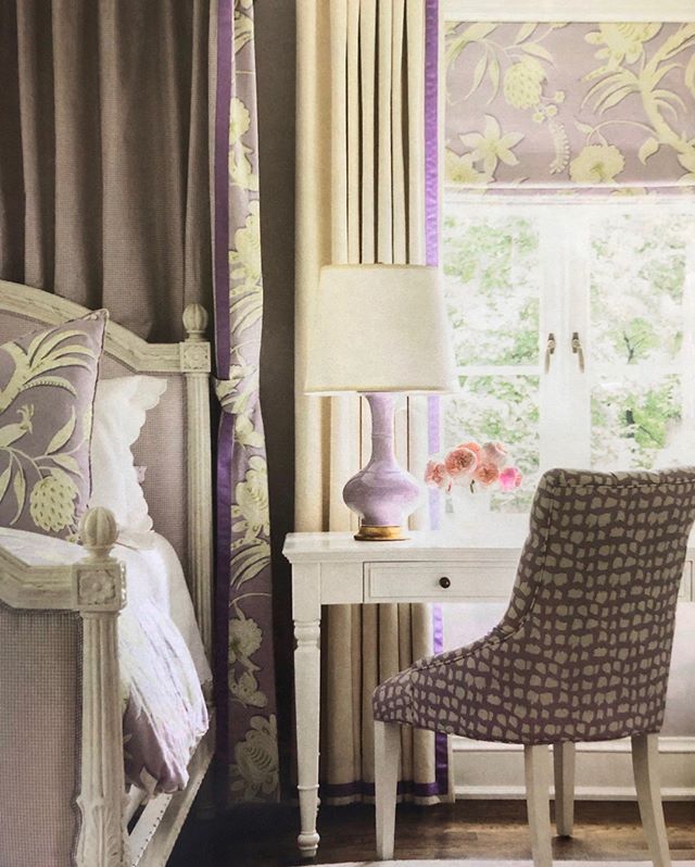 Here is another girls' room by designer Melissa Haynes (I just love her stuff)! Here she used this subtle lavender to make this room feel a little more grown-up. I like how she carried the floral print through the pillows, the tester, and the shade, 
