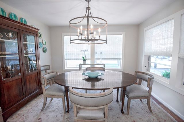 I really enjoyed working on this dining room for this client in Highland Park! It's always fun to have a change to mix up various styles. I love how these klismos chairs from #mecox look with the traditional china cabinet. We also added some #conrads