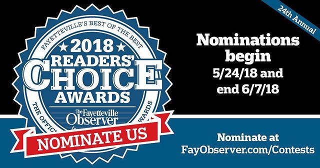 Nominations open TOMORROW for the Fayetteville Observer&rsquo;s Readers Choice Awards! Be sure to follow the link and nominate us! After the nomination round is finished, voting will open up again so that everyone can vote for a winner in each catego