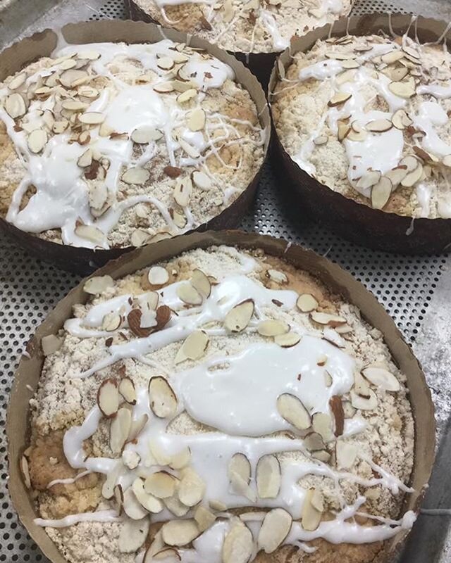 Brand new almond coffee cakes and a rosemary olive oil boule!