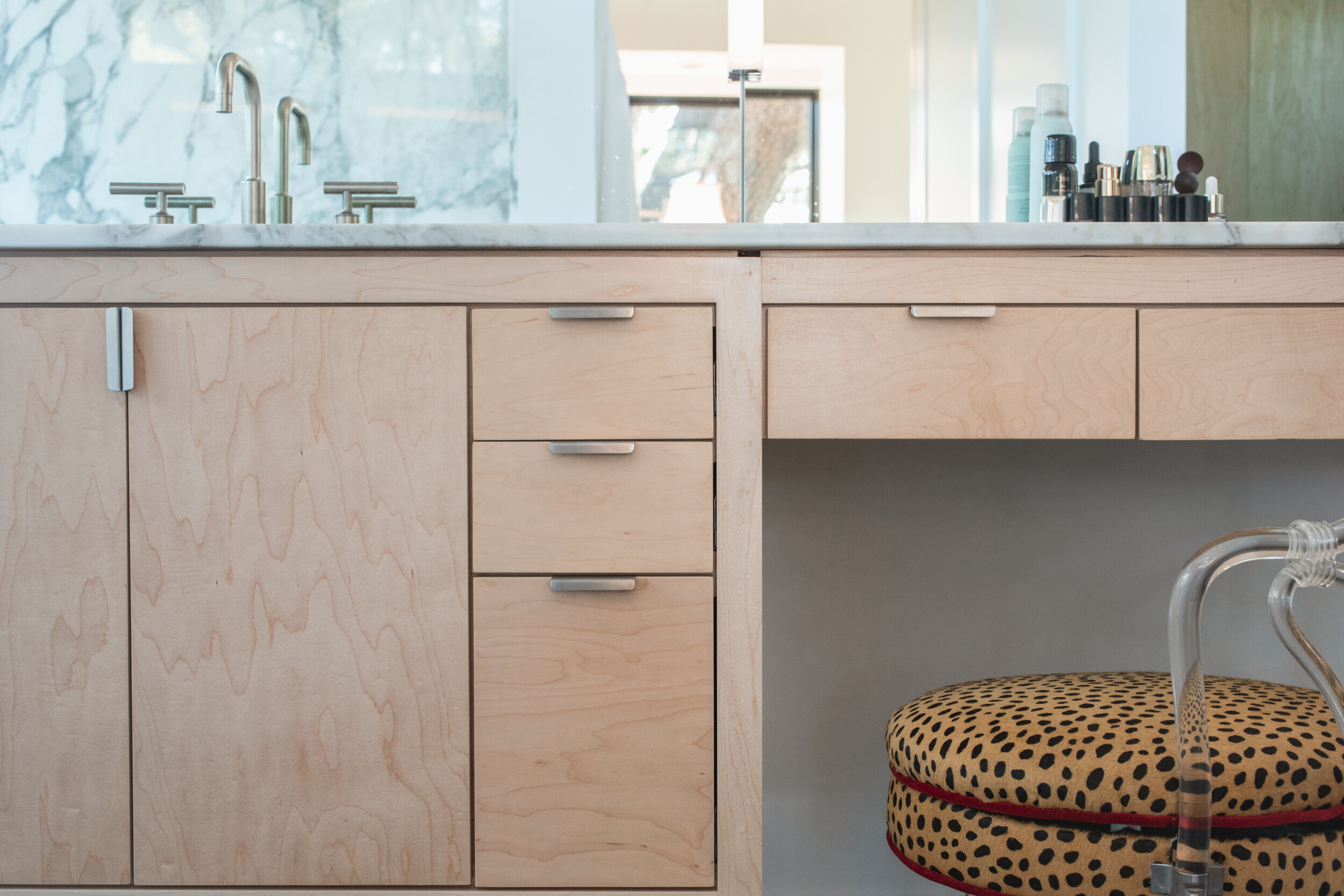 Plywood vanity in bathroom. 