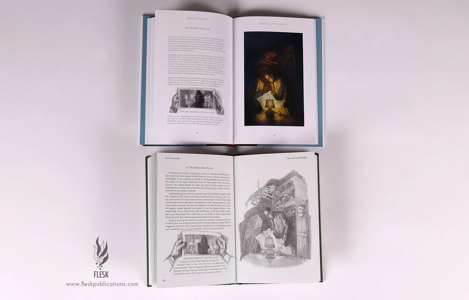 The new finished pencils edition released in August 2021 (top). The original Illustrated Call of Cthuhlu sketch edition from 2018 (bottom)