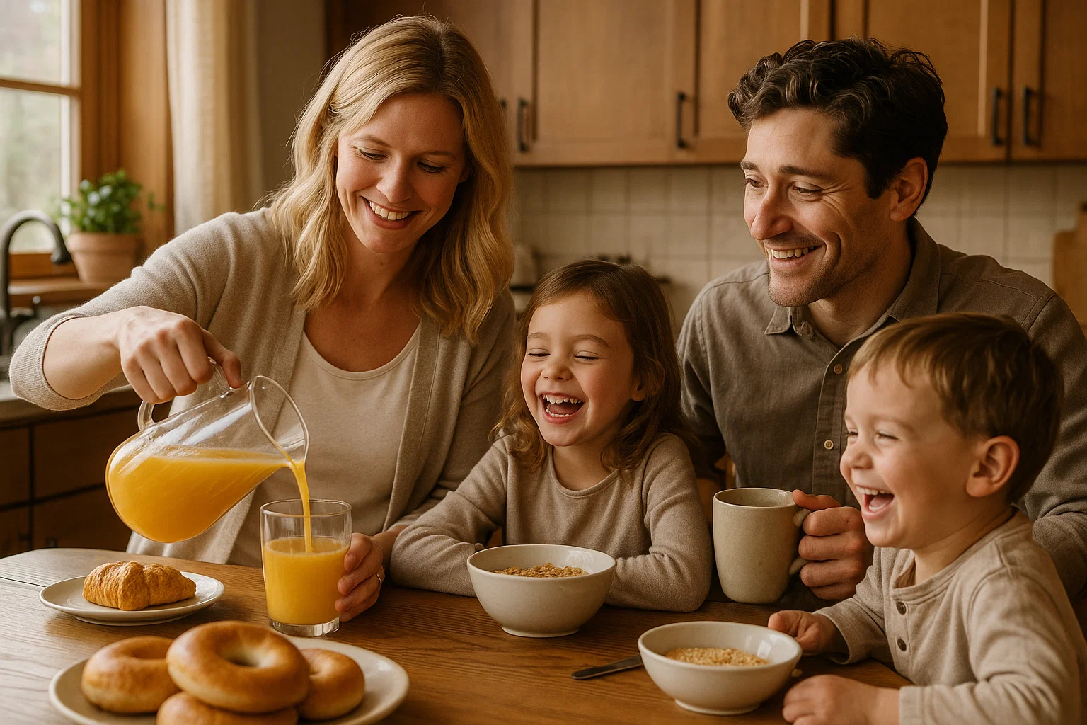 Realistic image of Jacob Frey and Sarah Clarke enjoying breakfast with their children at home.