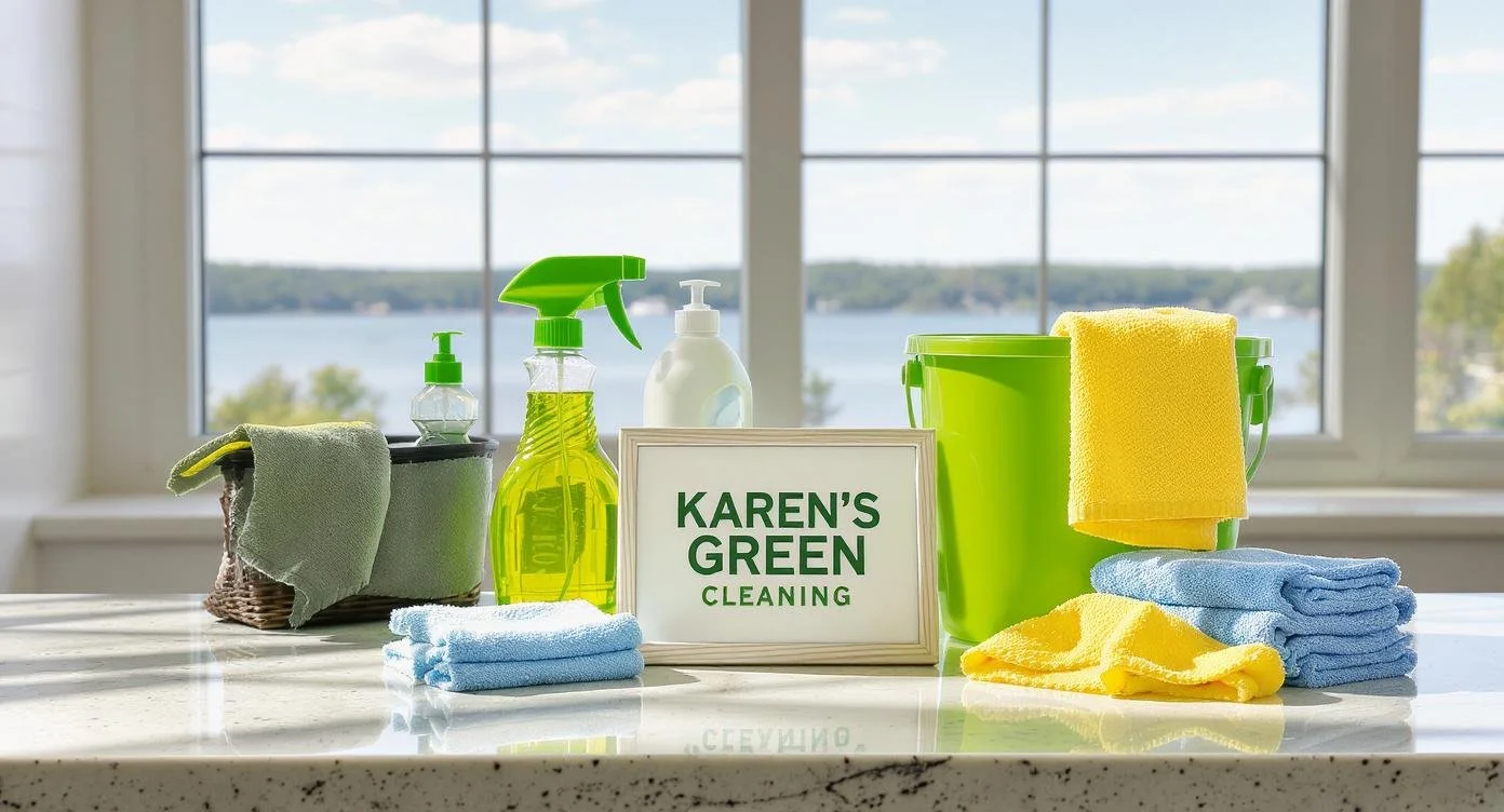 Cleaning supplies arranged neatly on a counter overlooking Lake Minnetonka with Karen’s Green Cleaning signage.