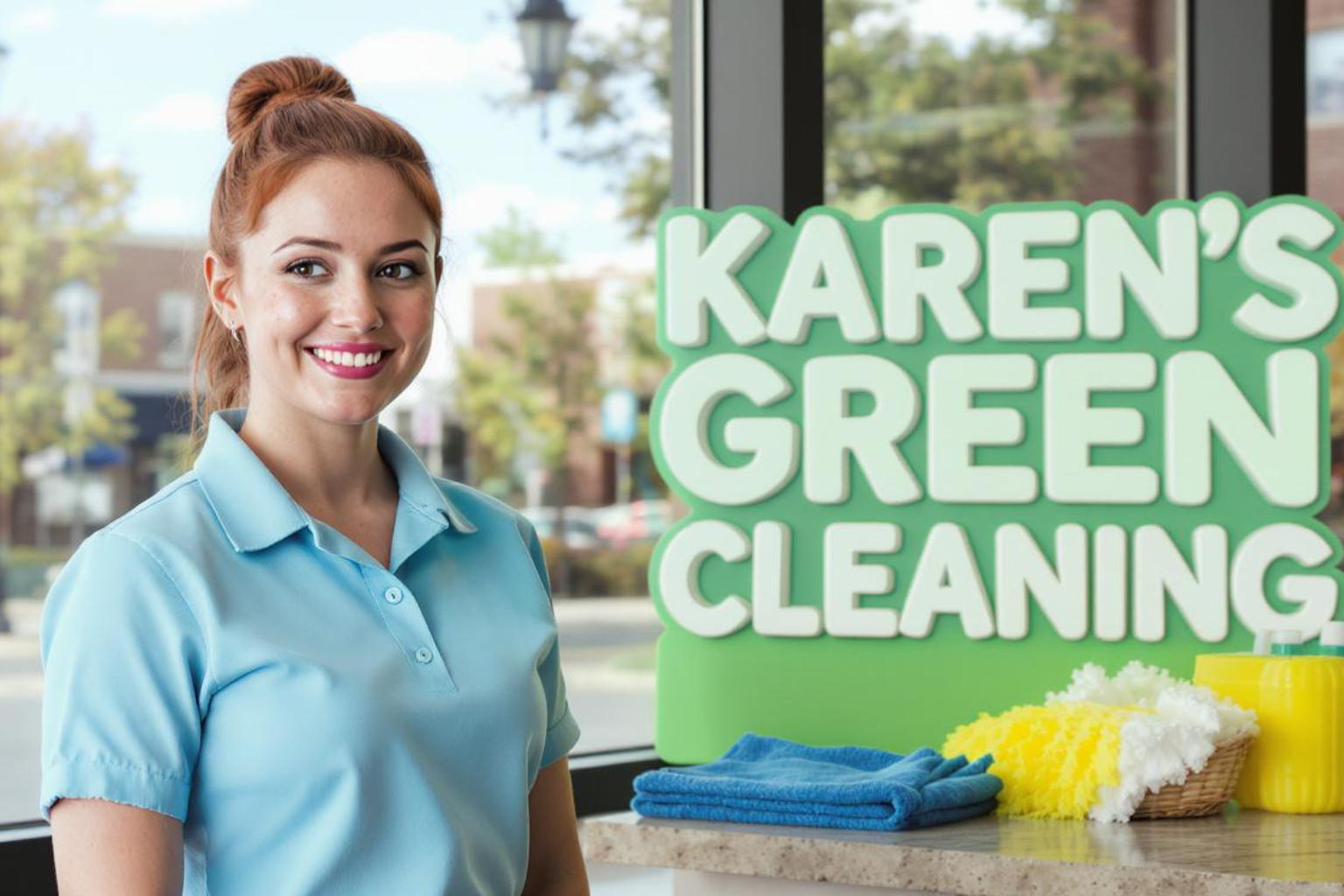 Cleaner smiling beside oversized Karen’s Green Cleaning signage in a Shorewood Town Center home.