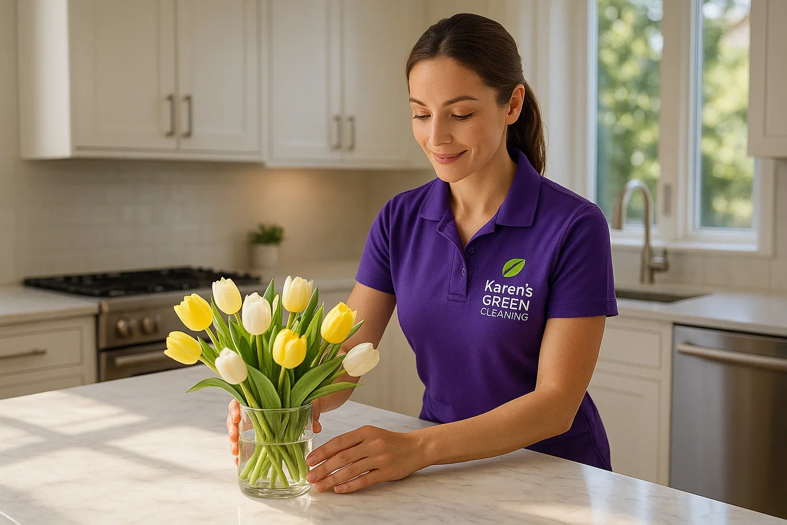 "Professional female cleaner in purple uniform with Karen's Green Cleaning logo arranging flowers on a kitchen island in White Bear Lake, Minnesota."