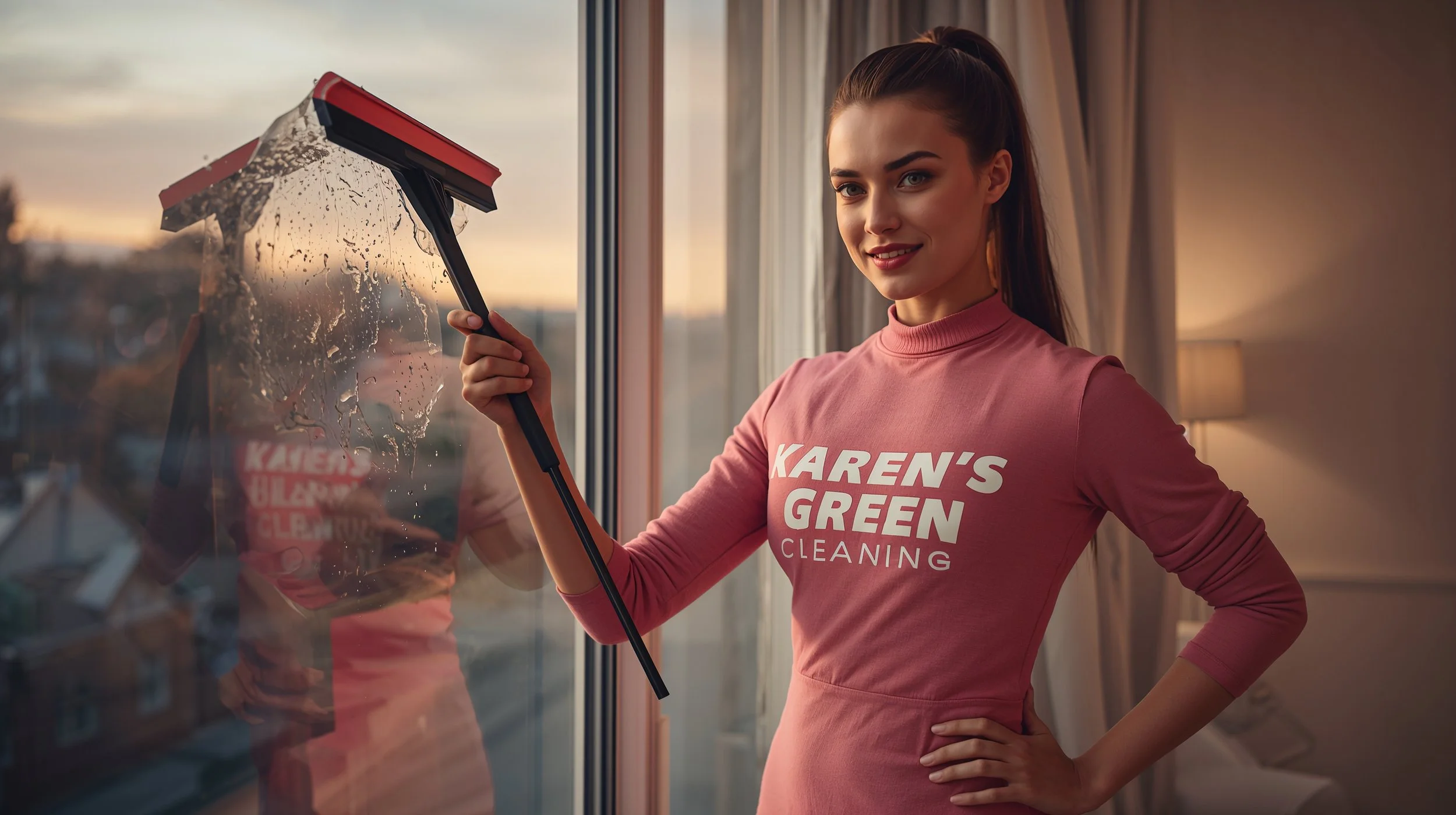 Cheerful young Danish cleaner wiping window overlooking Western Hazel Park St. Paul