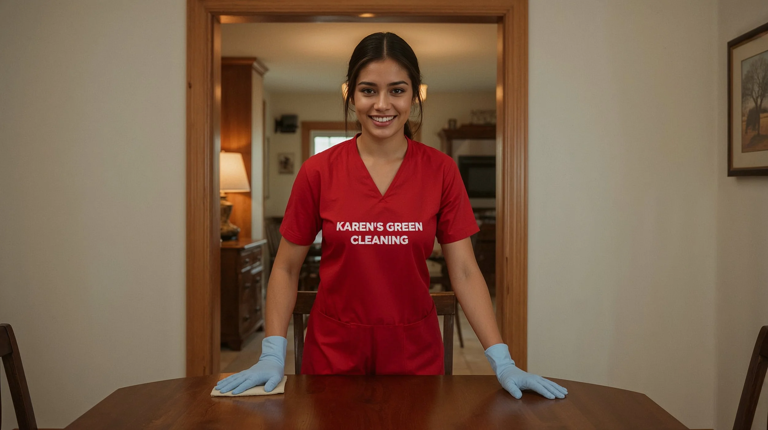 Professional young cleaner in red Karen’s Green Cleaning uniform cleaning a Tangletown dining room
