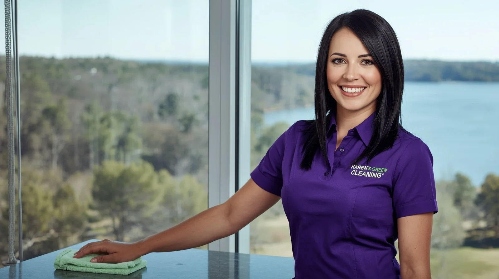 Cleaner with window view of Prior Lake wearing Karen’s Green Cleaning uniform.