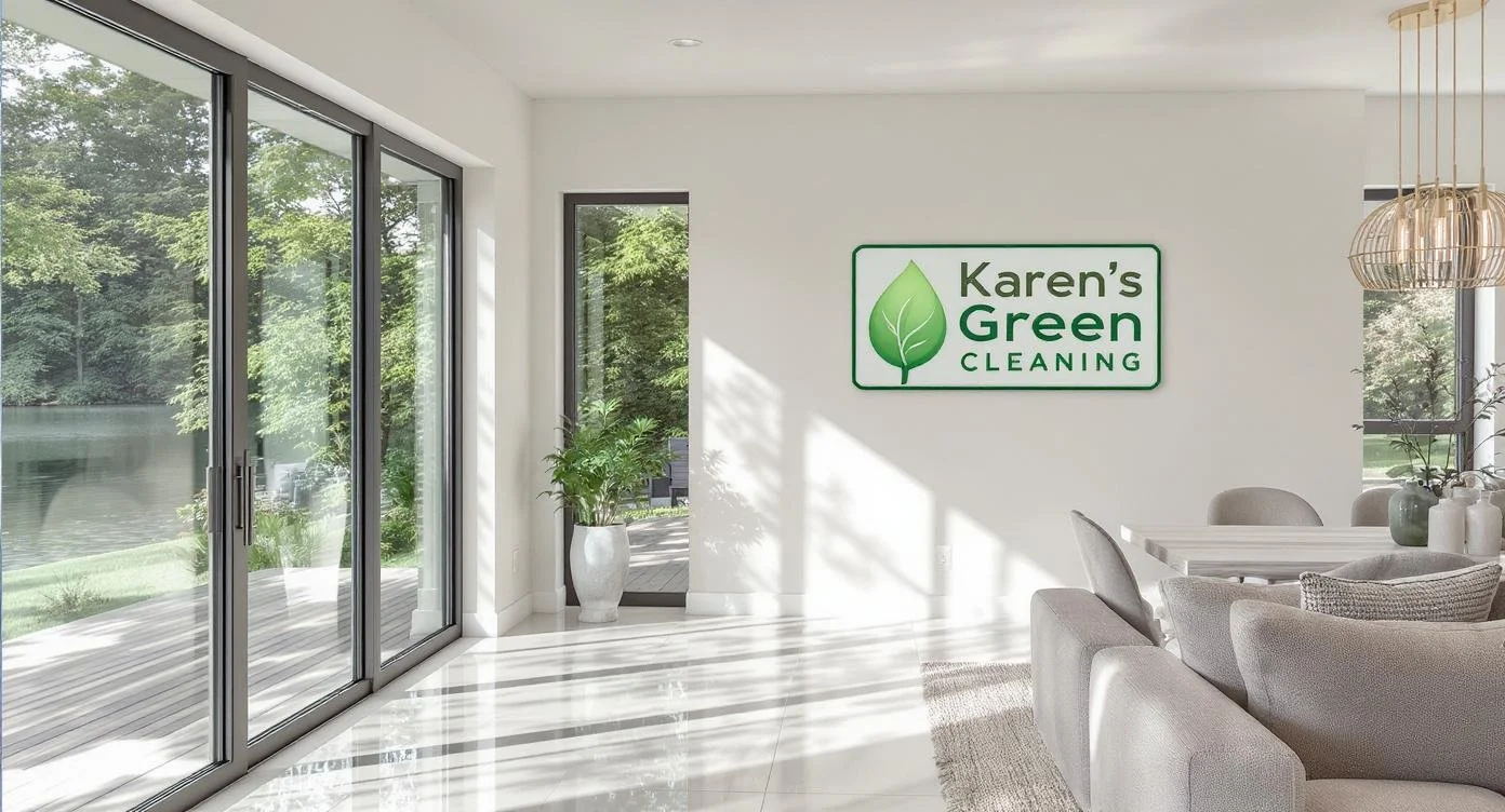 Karen’s Green Cleaning logo sign displayed in a spotless Shoreview lake house interior.