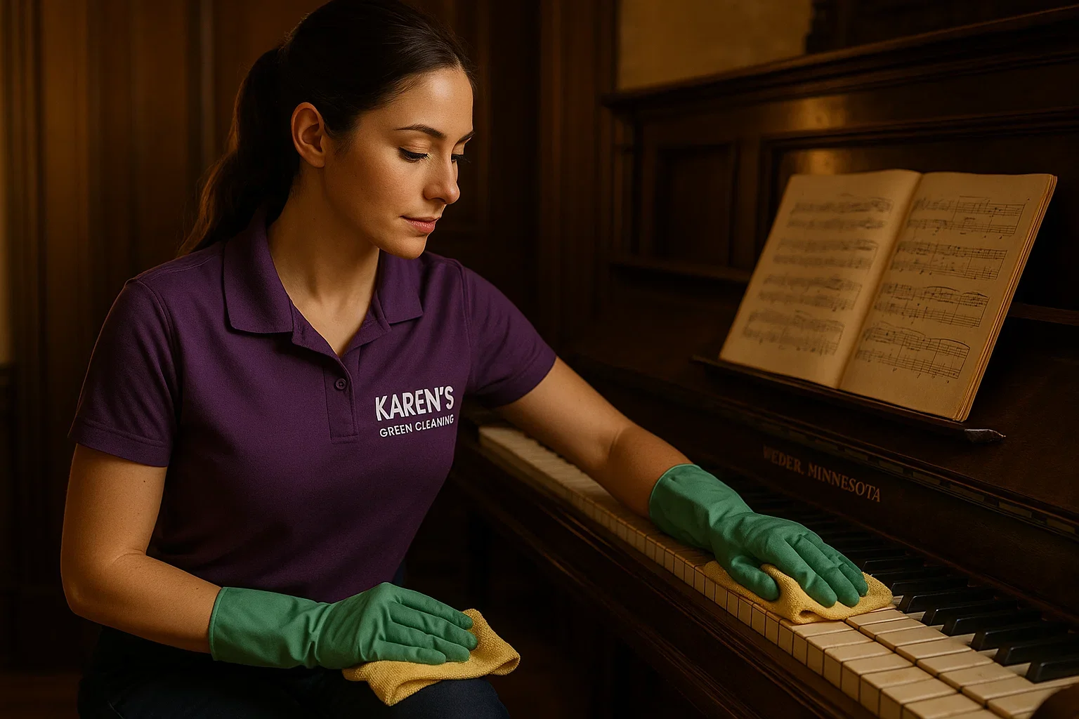 "Cleaner in purple uniform polishing a vintage piano in a historic Weber, Minnesota home."