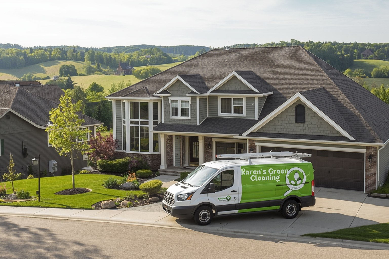 Suburban home in Eagan, Minnesota with Karen’s Green Cleaning service van and spotless exterior in a tree-lined neighbourhood