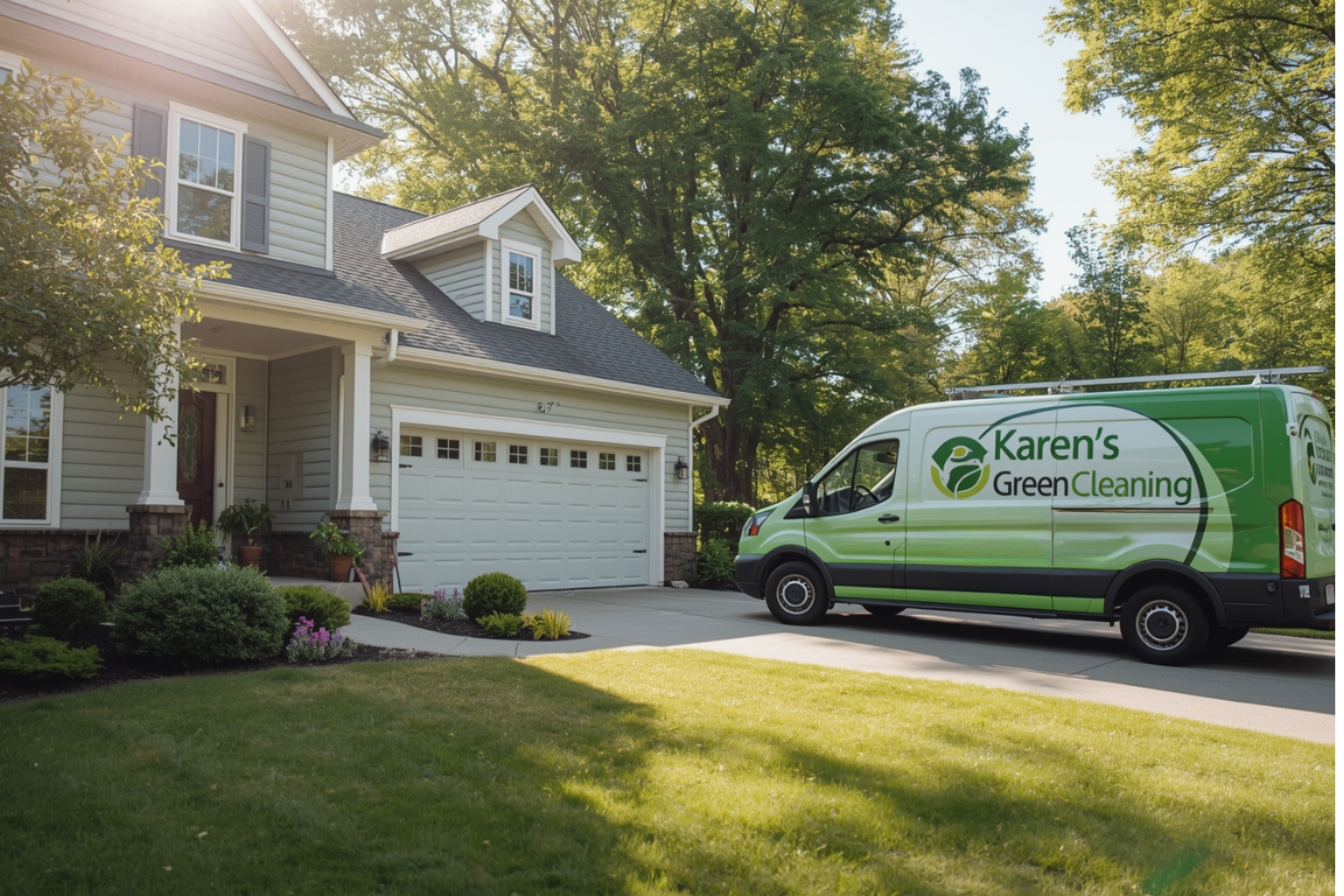 Exterior of Crystal Minnesota home with Karen’s Green Cleaning van and eco cleaning equipment in driveway.