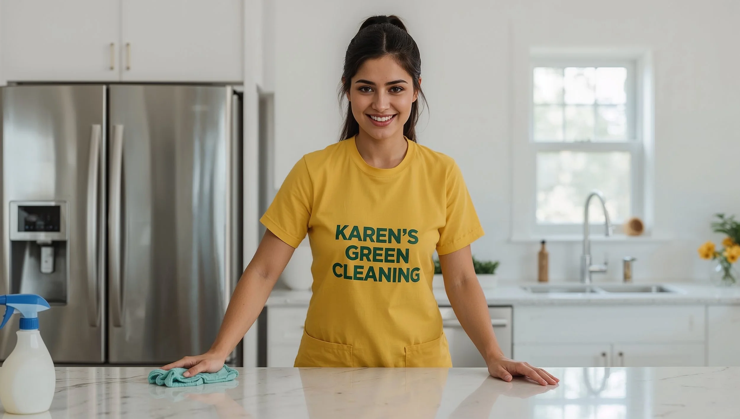 Colombian cleaner from Karen’s Green Cleaning wiping kitchen counters inside a freshly cleaned St. Paul home.