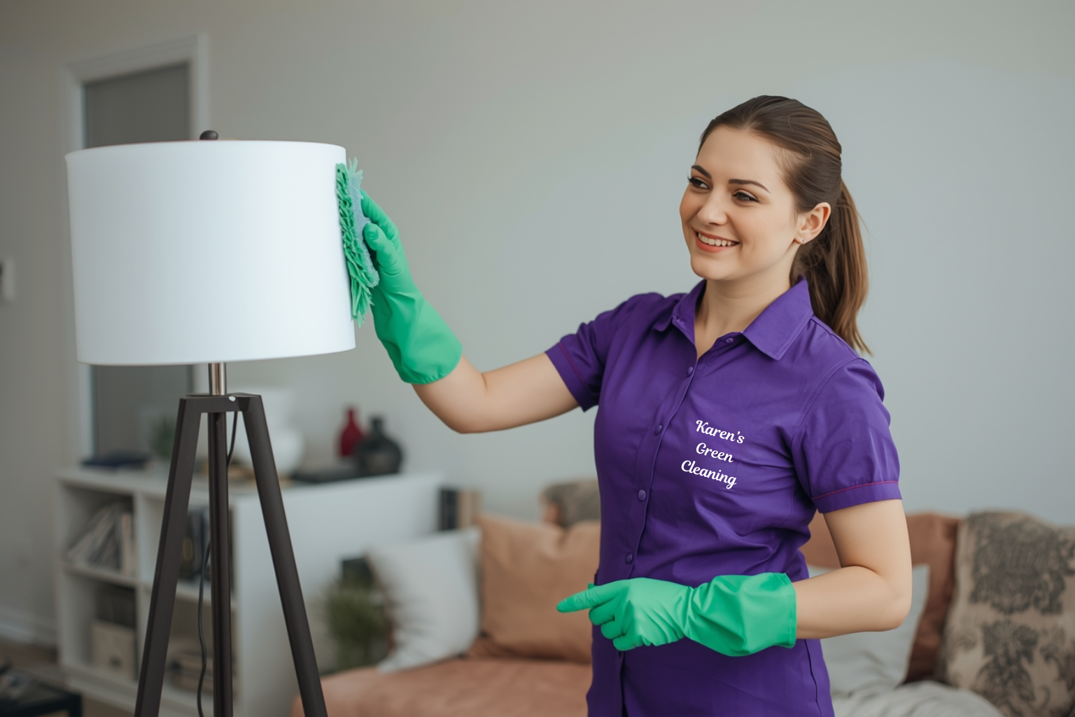 Karen’s Green Cleaning professional smiling while dusting a living room lamp.