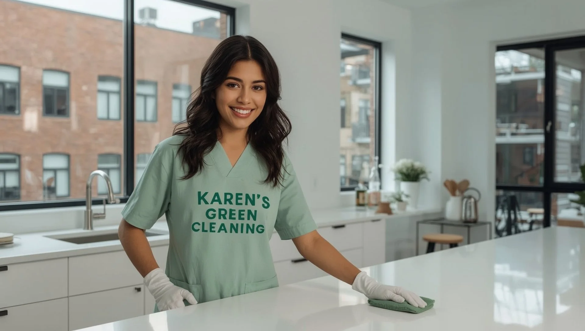 Karen’s Green Cleaning professional disinfecting a kitchen in a Snelling–Hamline home near Hamline University