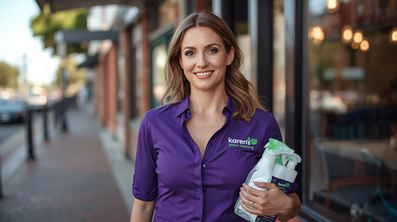 Eco-friendly cleaner in purple uniform standing on Lonsdale’s sunrise-lit Main Street