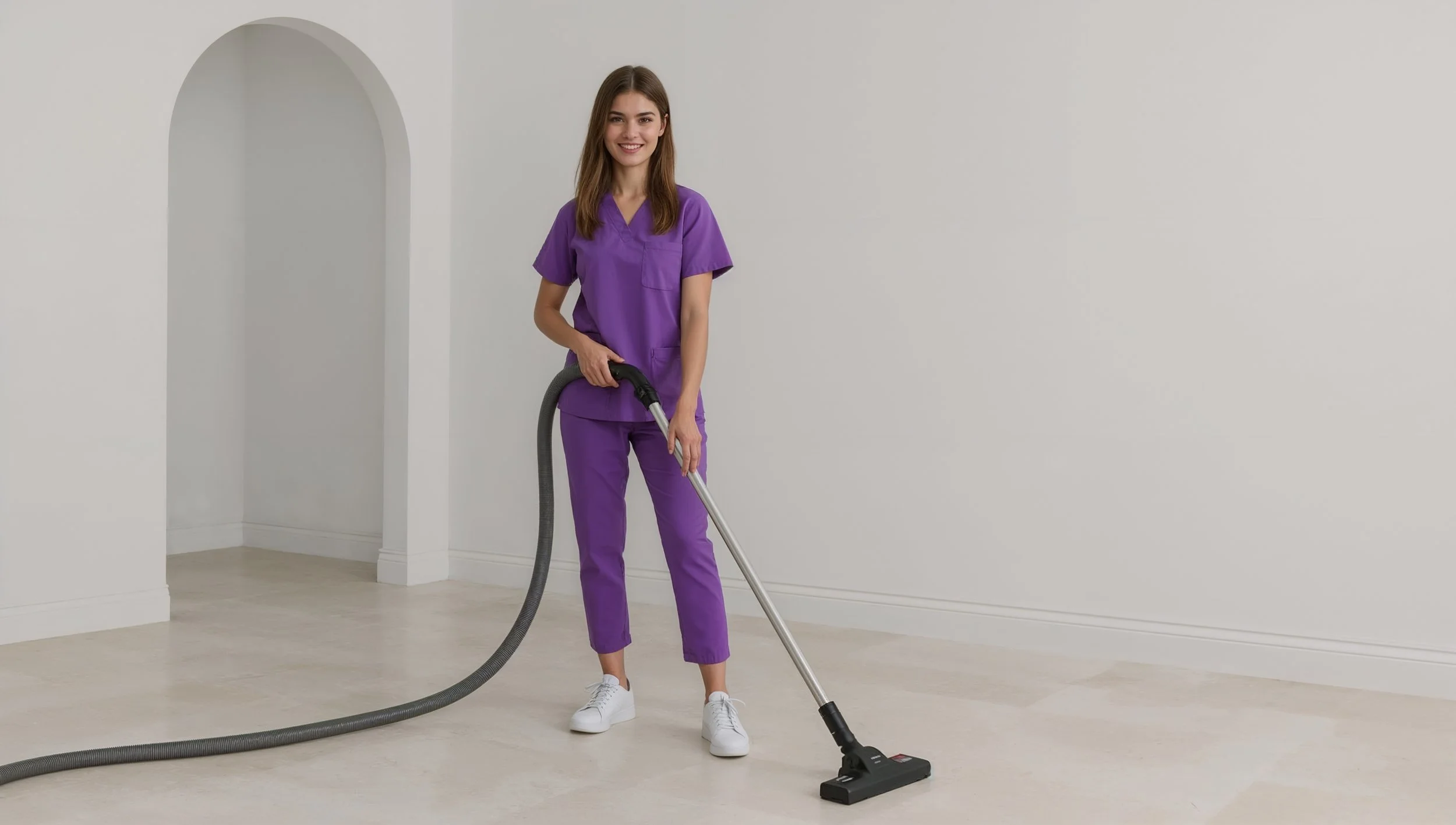 White Canadian cleaner vacuuming empty floors during a move-in cleaning service.