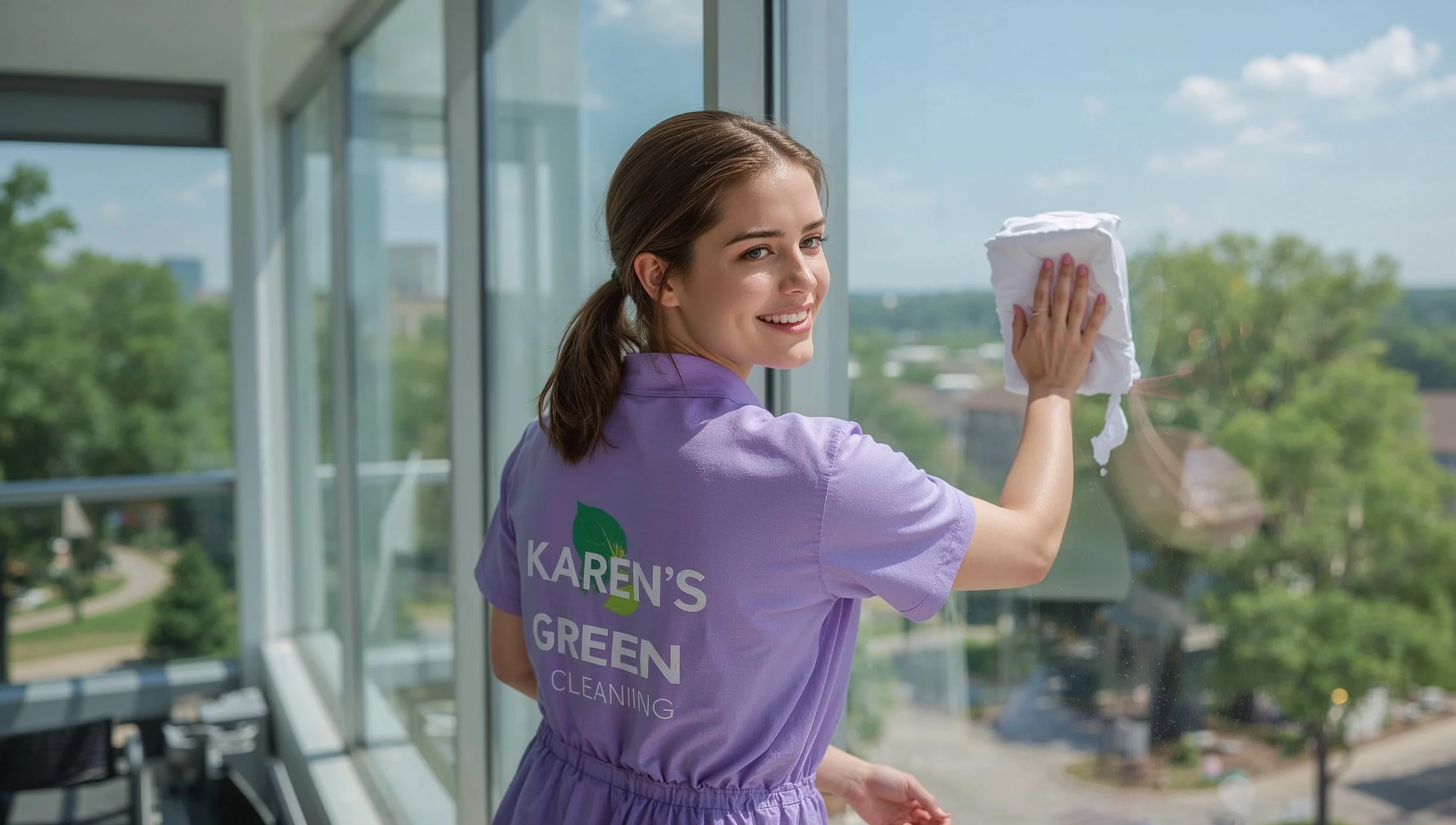 White American cleaner washing windows with Jordan Park Minneapolis in background.