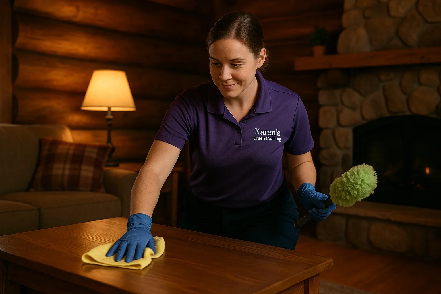 Karen’s Green Cleaning professional mopping bright farmhouse kitchen in Linwood.