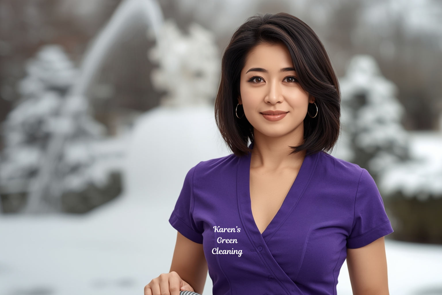 Asian cleaner near Snowman Park wearing Karen’s Green Cleaning uniform