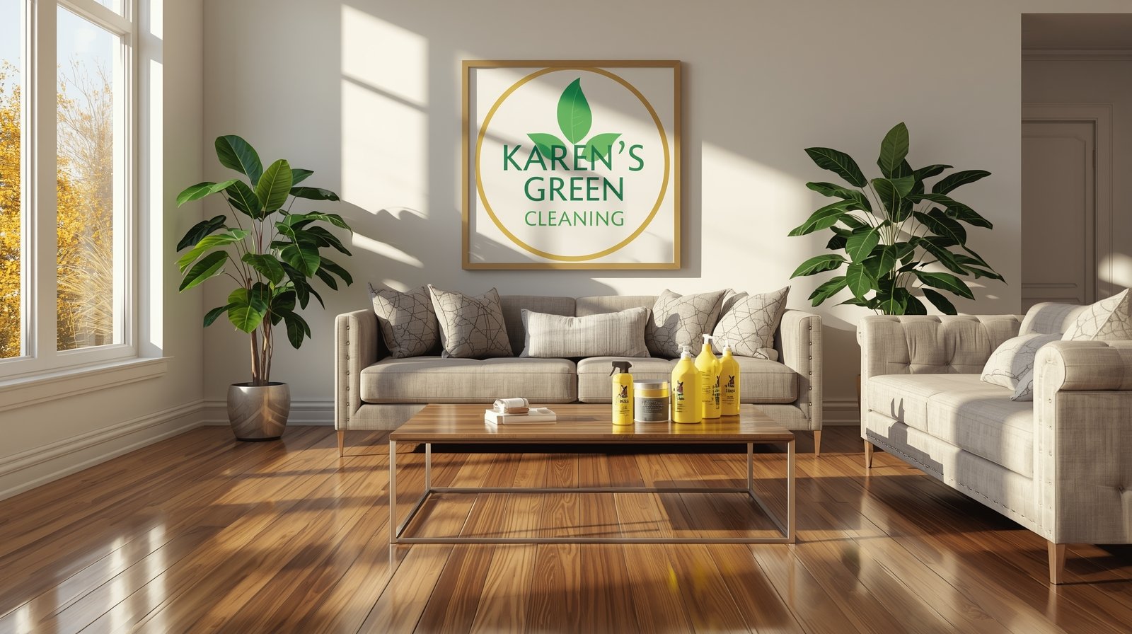 Spotless Lyn-Lake Minneapolis living room featuring Karen’s Green Cleaning branding after professional service