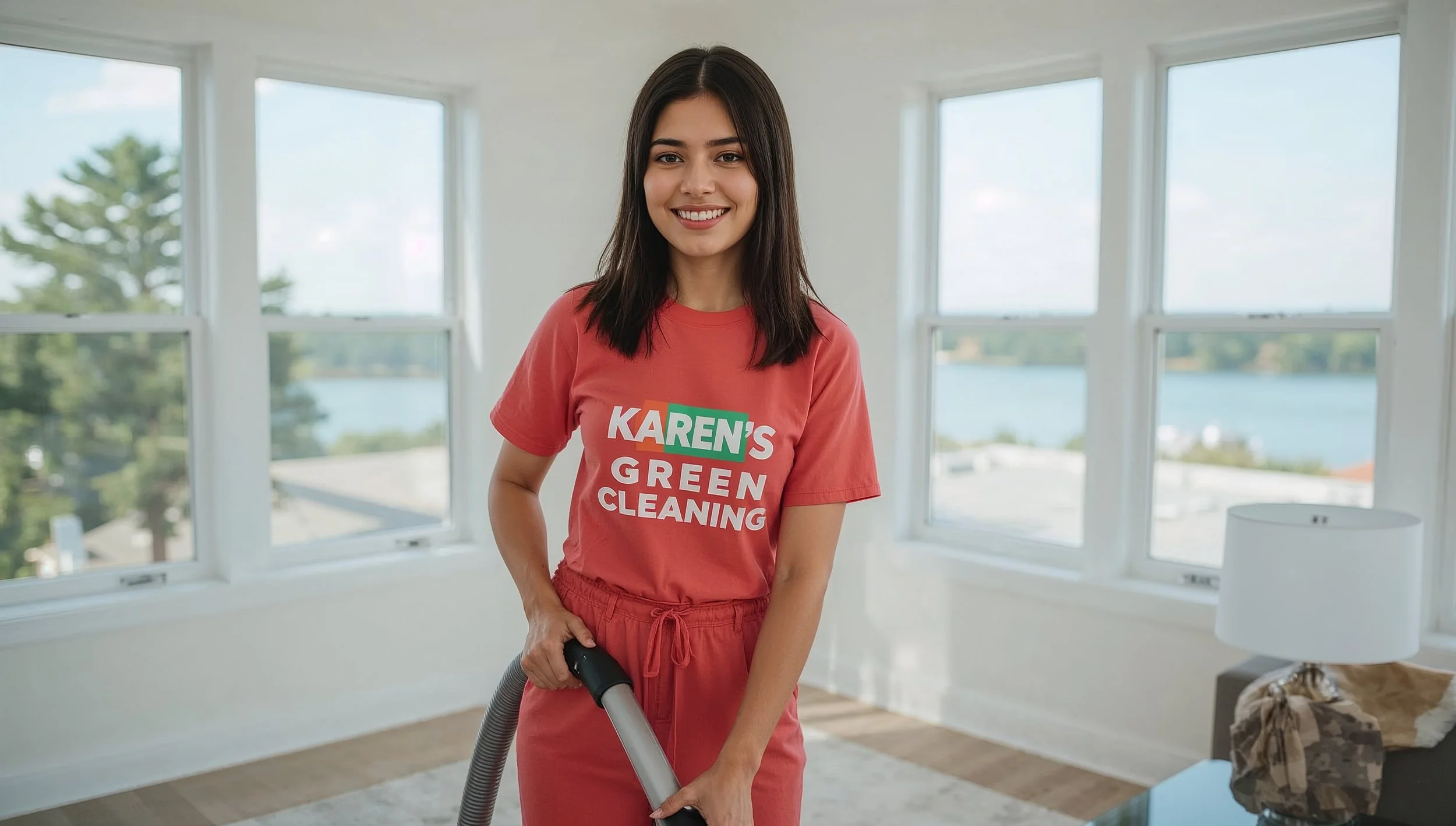 Venezuelan cleaner vacuuming bright interior overlooking Grass Lake in Minneapolis.