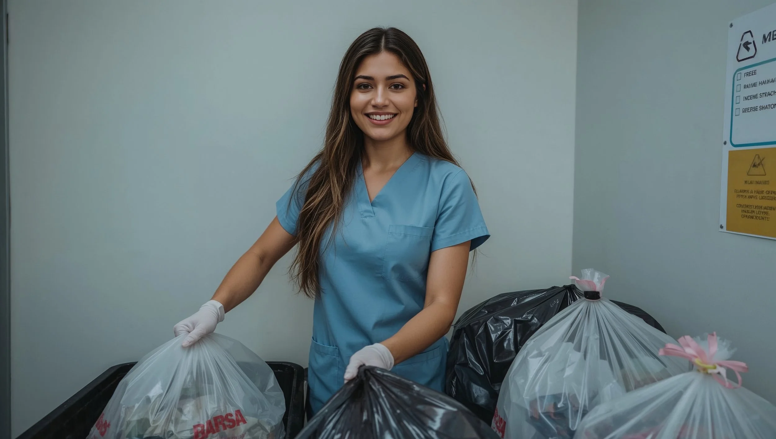 Female cleaner removing trash in a home staged as a commercial waste area.