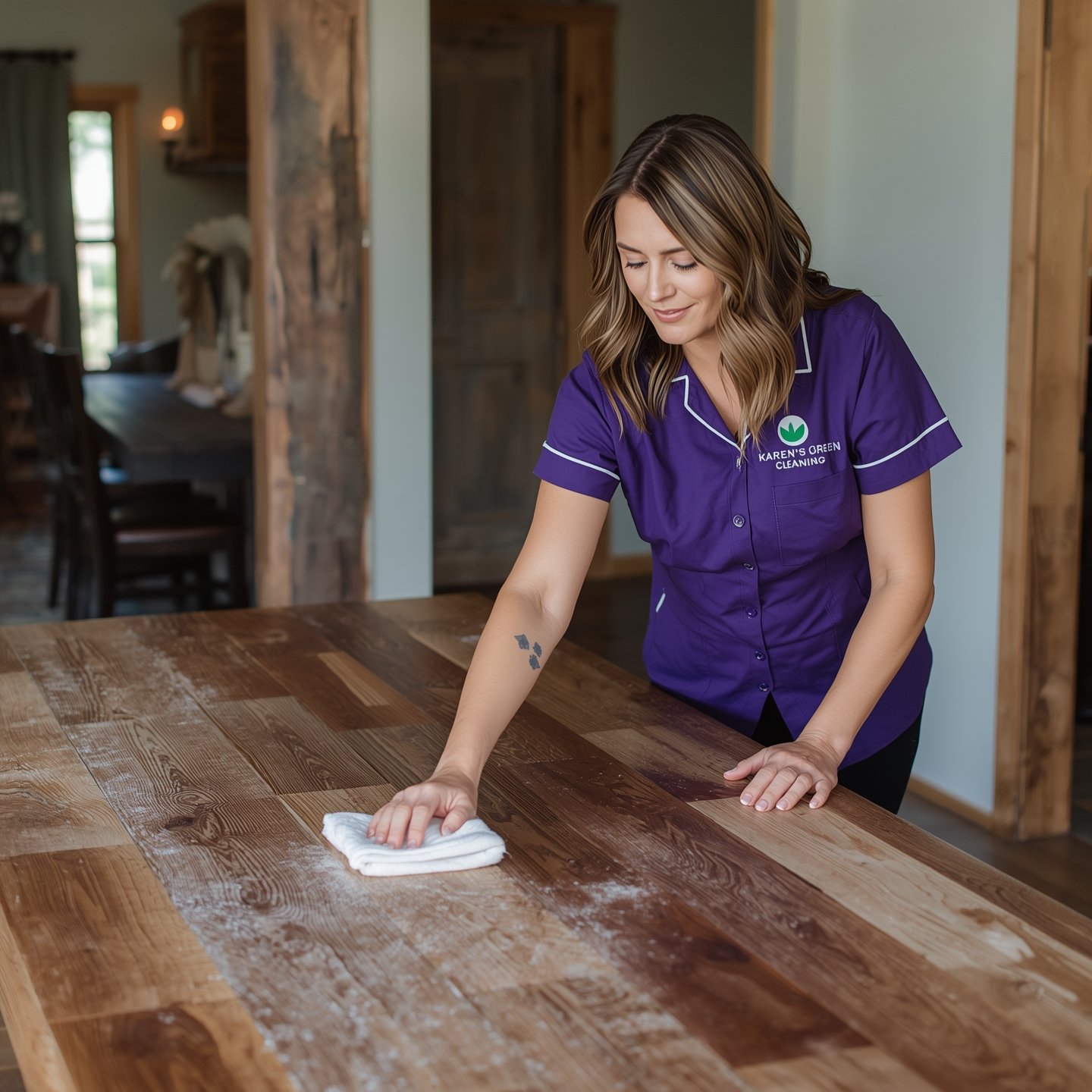 "Cleaner in purple uniform polishing a reclaimed-wood dining table in a Watertown, Minnesota farmhouse."