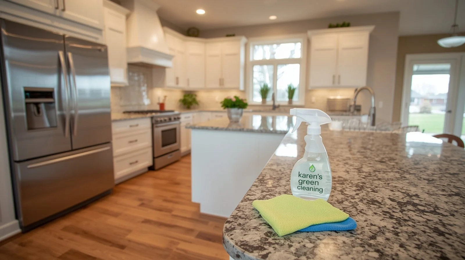 Freshly cleaned gourmet kitchen in a Delano Minnesota suburban home showing eco-friendly cleaning equipment branded with Karen’s Green Cleaning.