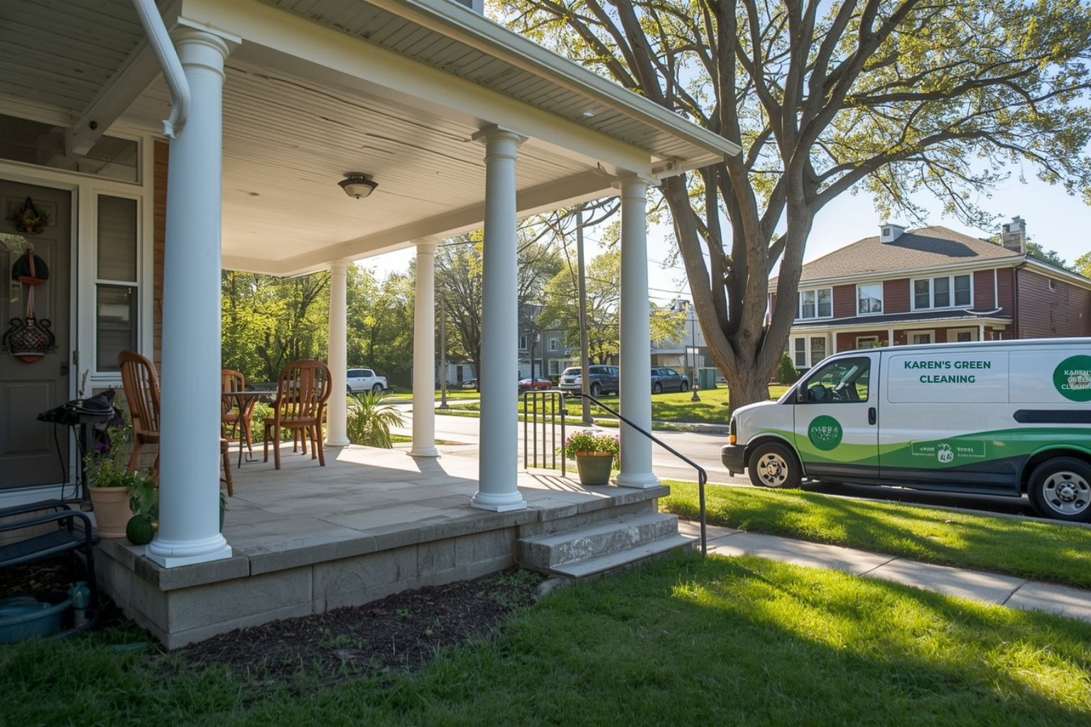 Front view of a clean home in Jordan, MN with Karen’s Green Cleaning van parked, representing professional cleaning services.
