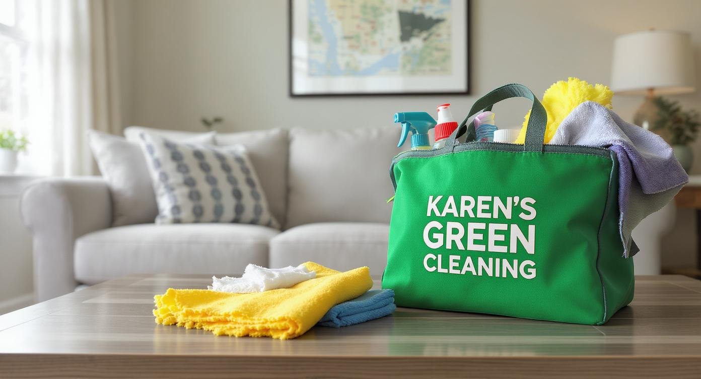 Freshly cleaned living room with Karen’s Green Cleaning logo on cleaning supplies