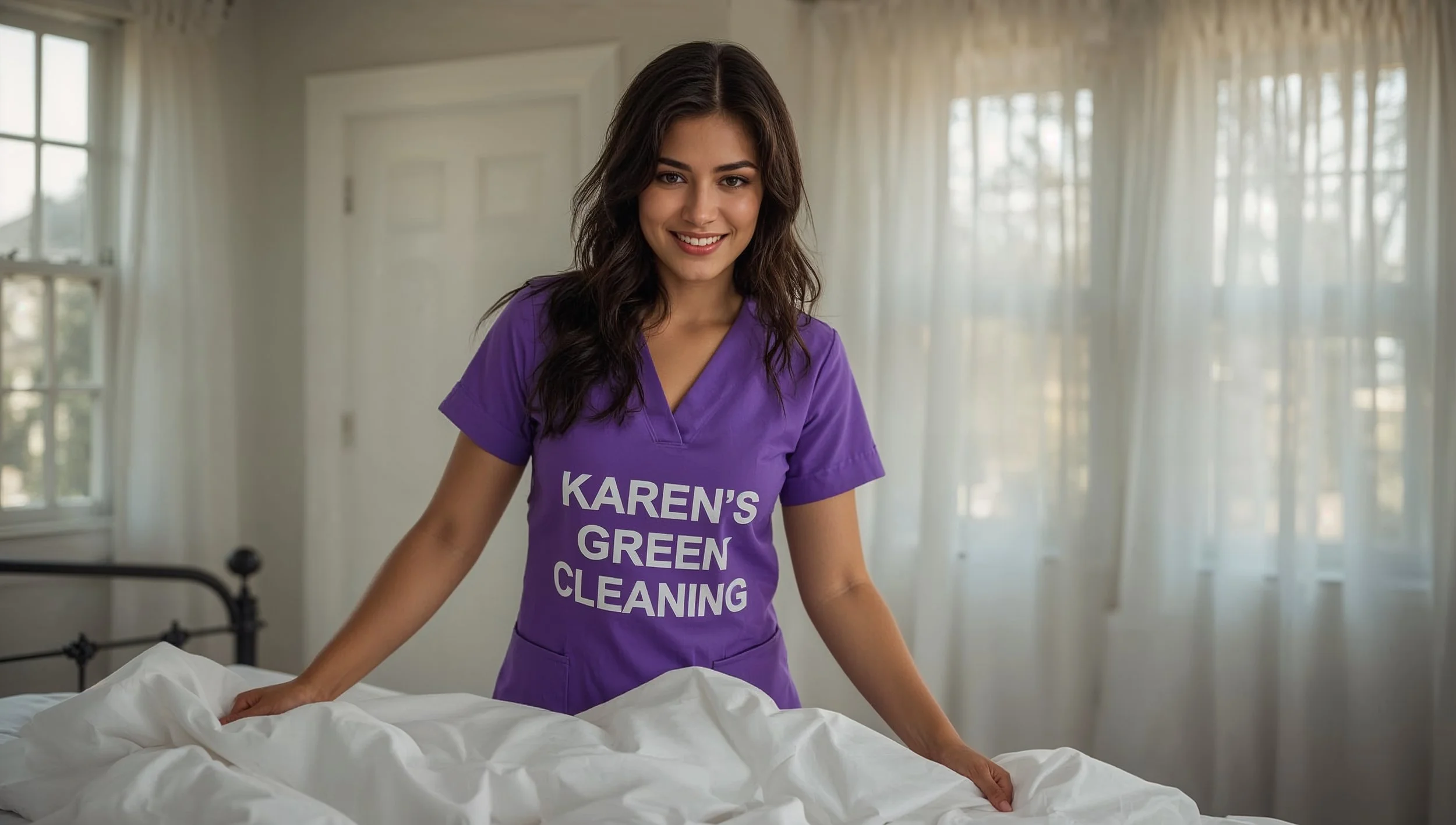Peruvian cleaner in purple Karen’s Green Cleaning uniform refreshing a spotless bedroom in a Summit Hill home