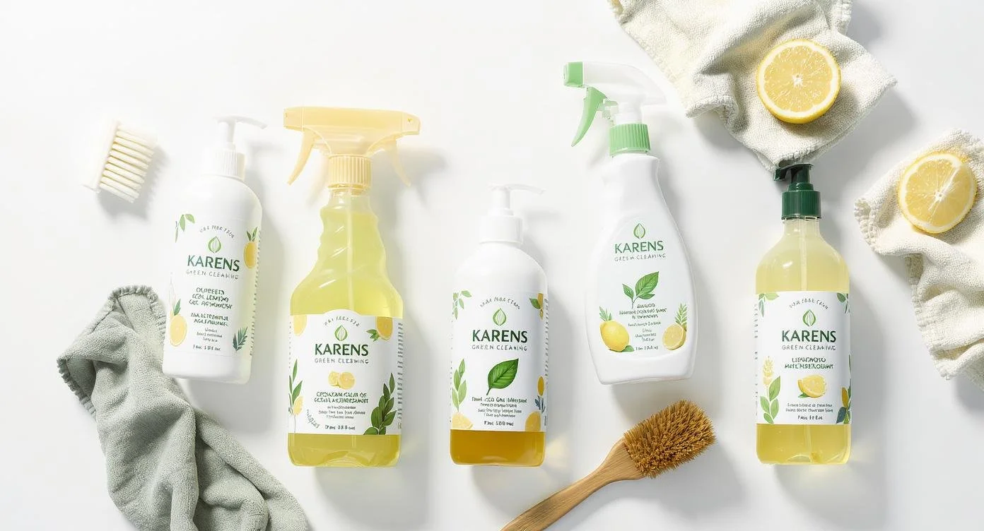 Flat-lay of eco-friendly cleaning supplies branded Karen’s Green Cleaning.