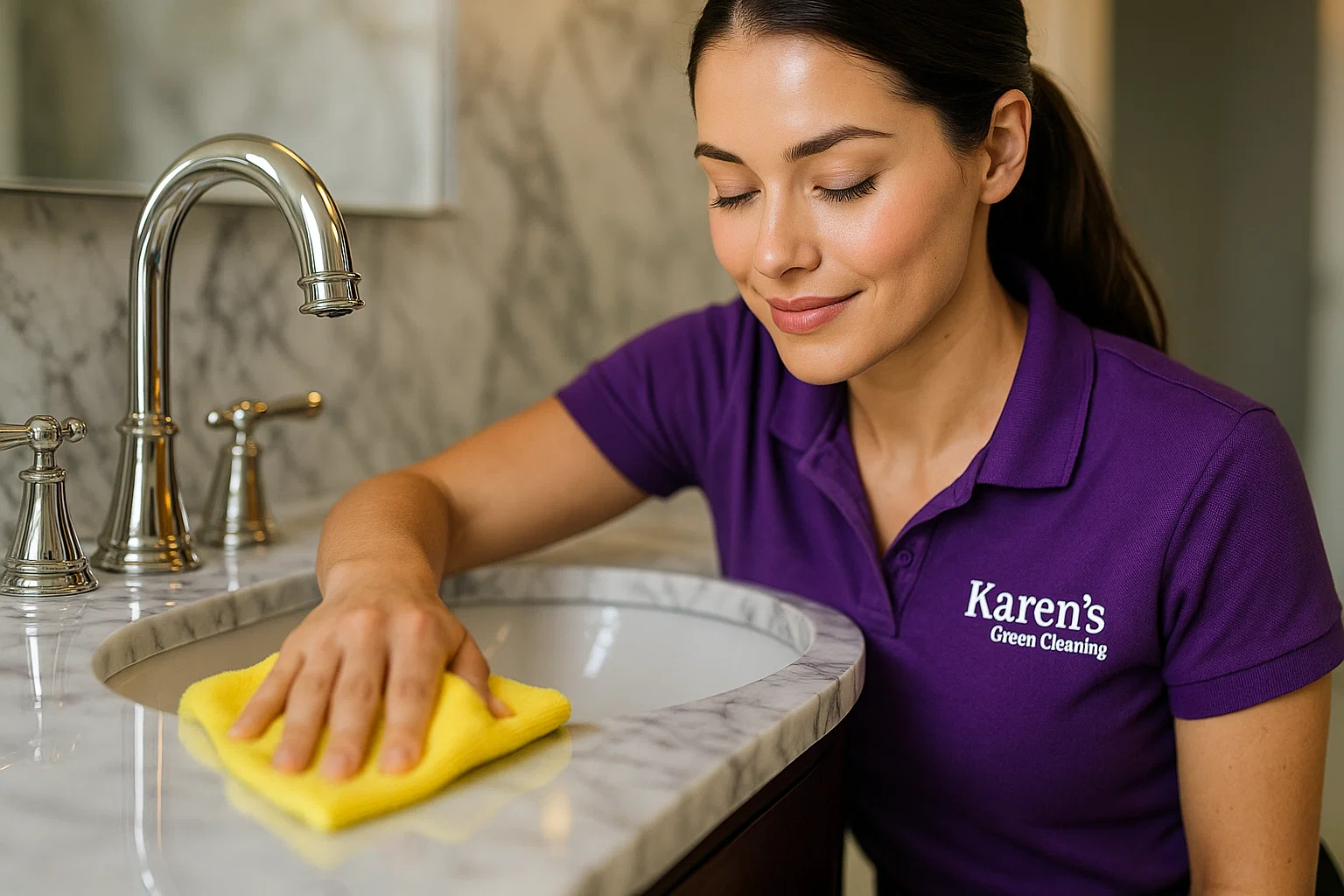 Woman in purple branded uniform polishing a marble bathroom sink.