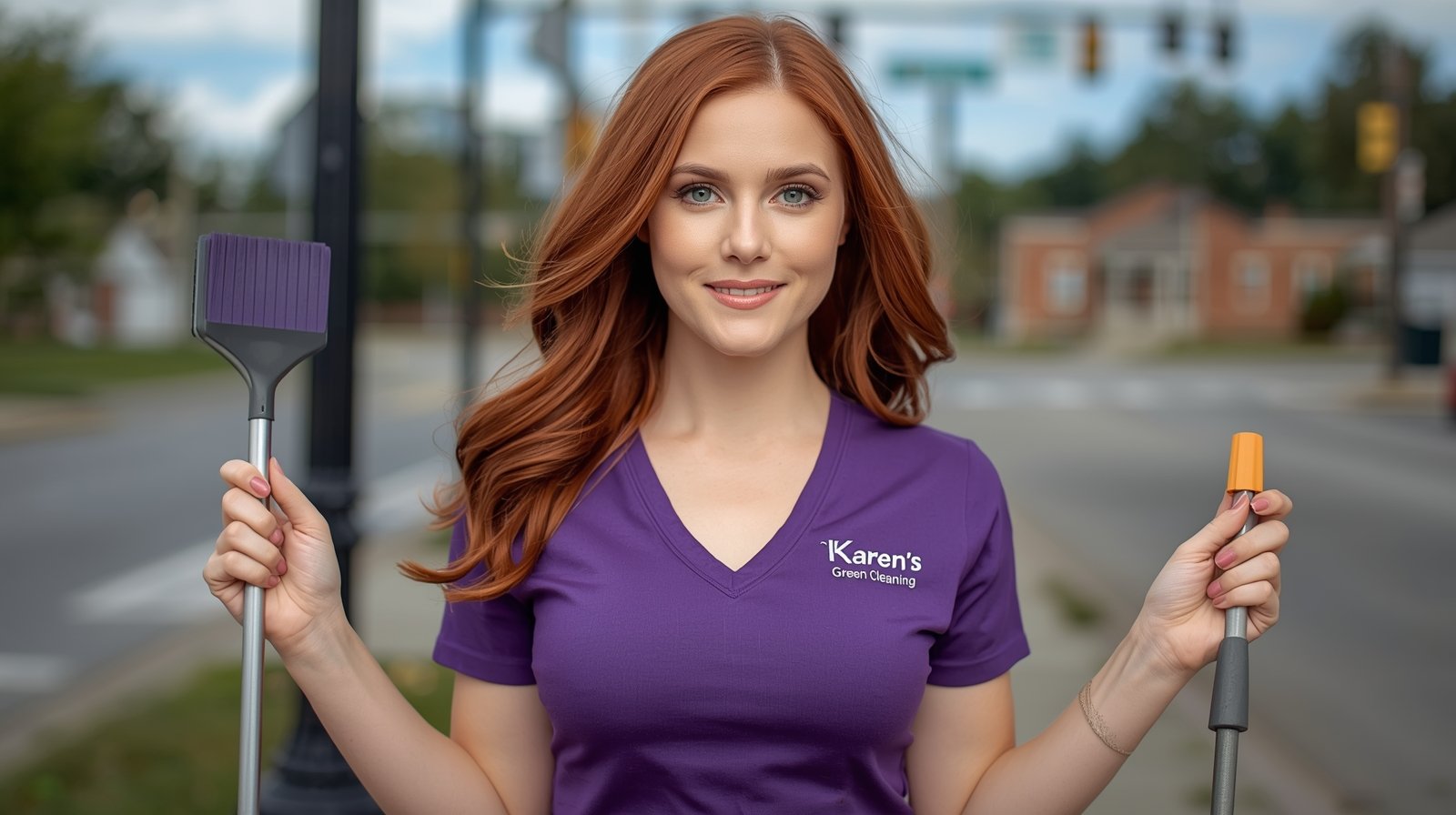 Red-haired cleaner with green eyes in Karen’s Green Cleaning uniform posing near Richfield’s Cedar Avenue.