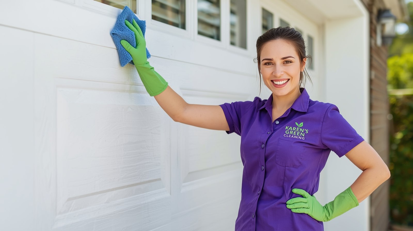 Karen’s Green Cleaning professional smiling while cleaning a garage door frame.