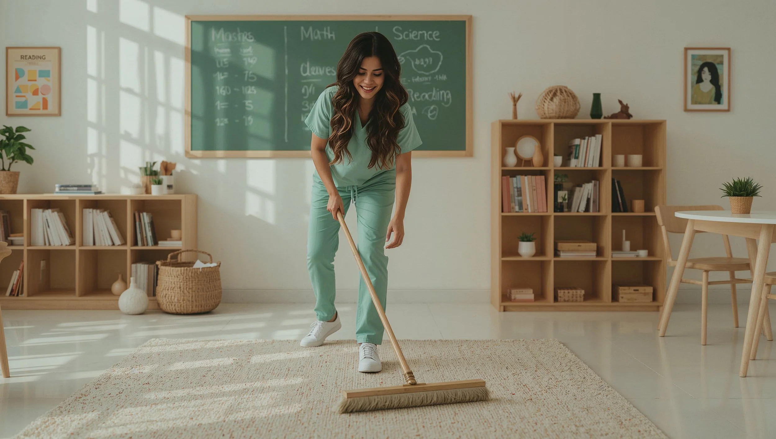 Brazilian woman sweeping floors in a homeschool classroom reading area.