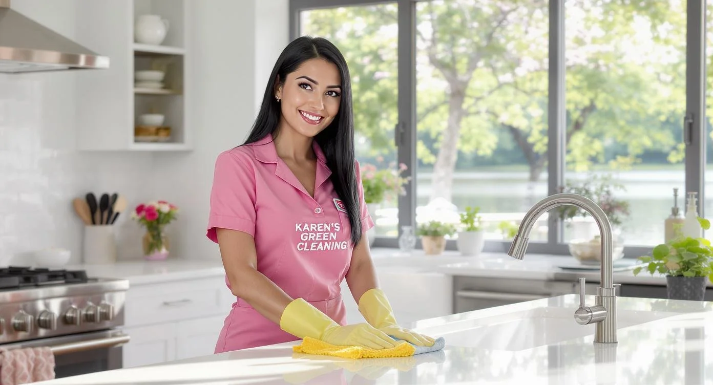 Young cleaner sanitizing a kitchen with Lake Minnetonka visible through the windows.