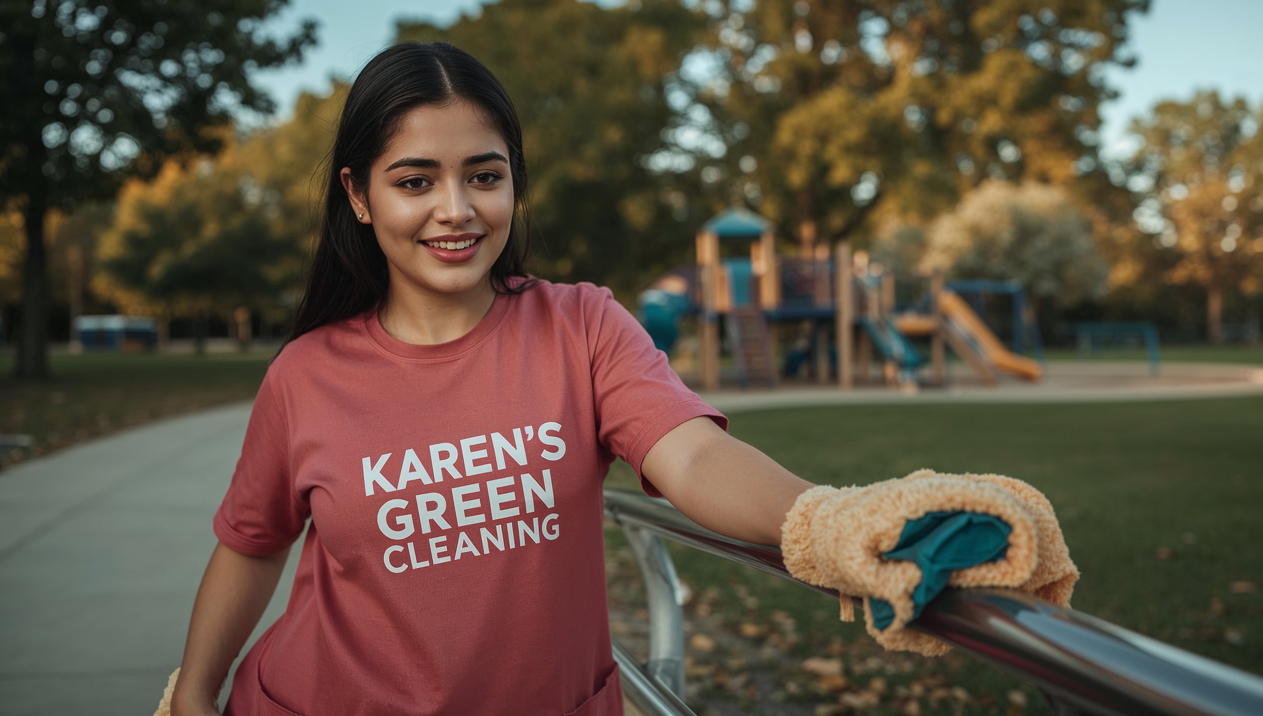 Colombian female cleaner wiping handrail at Kenny Park wearing Karen’s Green Cleaning uniform.