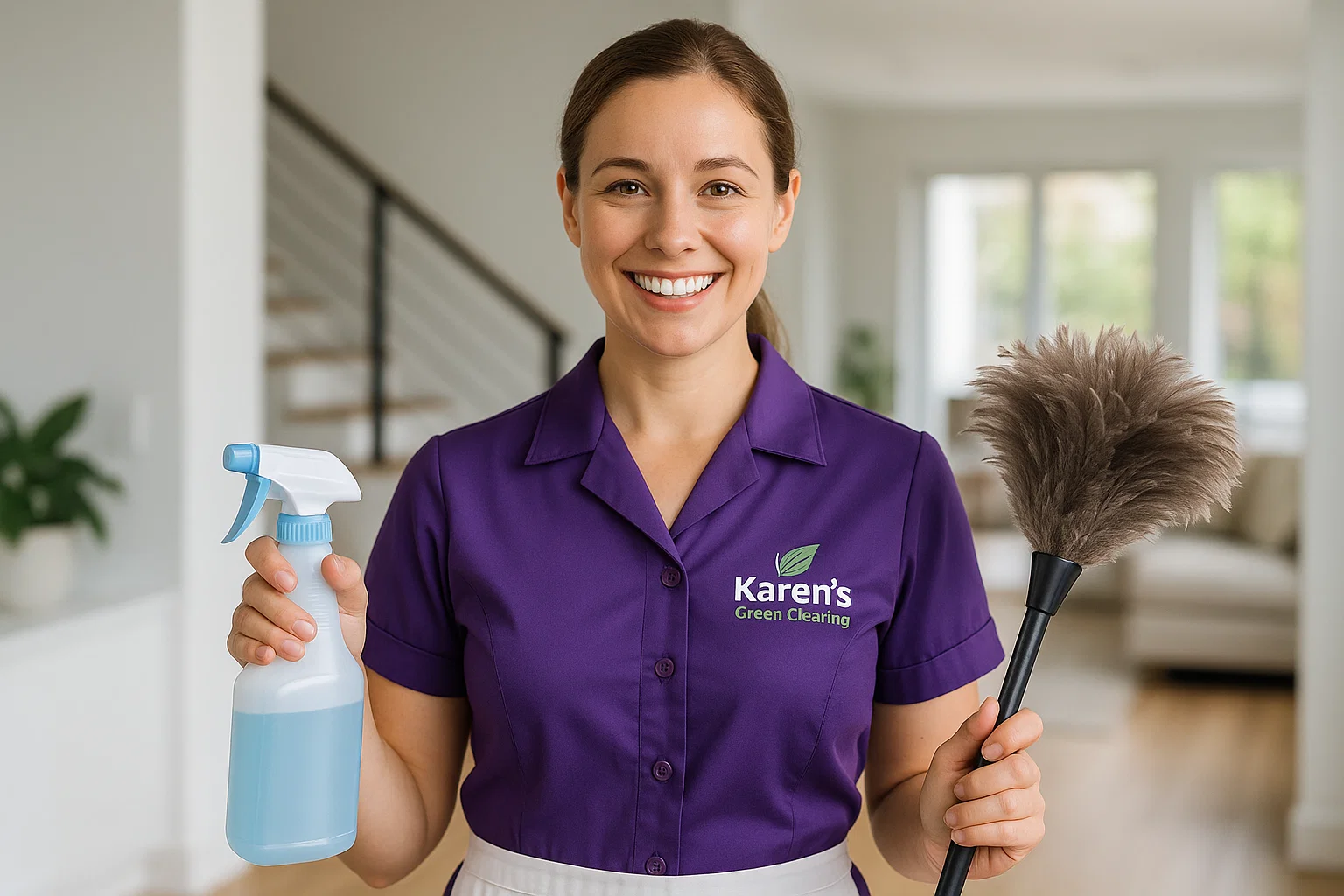 Confident maid in purple uniform with Karen’s Green Cleaning logo holding cleaning supplies, smiling in a bright home.
