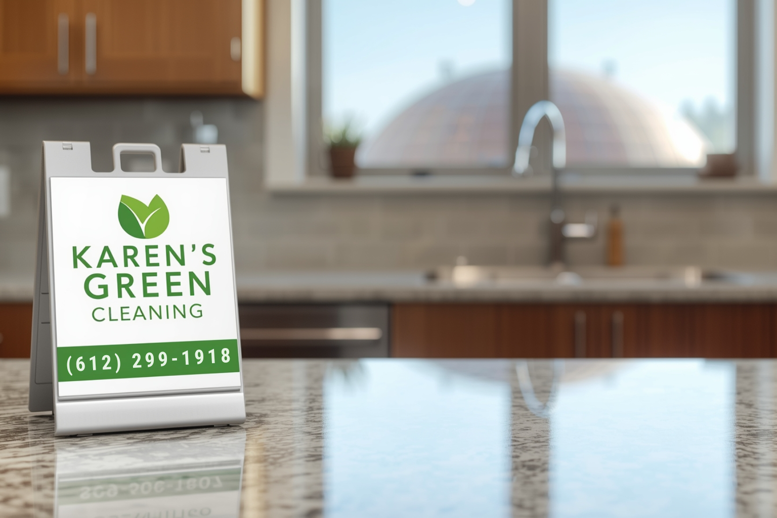 Clean Rosemount kitchen with Karen’s Green Cleaning sign displayed